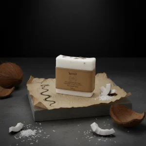 A white bar of Kemit natural Coconut Soap, inspired by ancient Egyptians, rests on a crumpled brown paper with a stylized black line drawing. The paper and soap sit on a dark grey stone slab, with pieces of coconut shell, shredded coconut, and coconut meat scattered around.