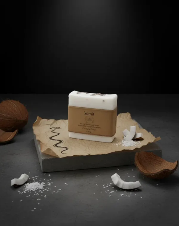 A white bar of Kemit natural Coconut Soap, inspired by ancient Egyptians, rests on a crumpled brown paper with a stylized black line drawing. The paper and soap sit on a dark grey stone slab, with pieces of coconut shell, shredded coconut, and coconut meat scattered around.