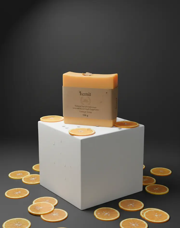 A vibrant orange bar of Kemit natural Orange Soap rests on a white cube pedestal, surrounded by numerous thin slices of dried orange. Small water droplets are visible on the top surface of the cube, suggesting freshness. The background is a dark grey.