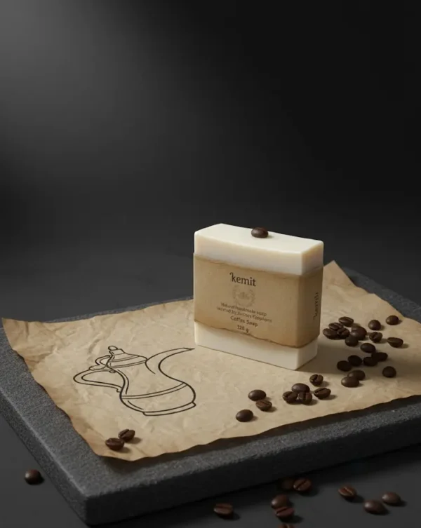 A creamy white bar of Kemit natural Coffee Soap is displayed on a crumpled brown paper with a stylized Arabic coffee pot illustration. The soap is on a grey stone slab, with several coffee beans scattered on the paper and the surface below. A single coffee bean rests on top of the soap.