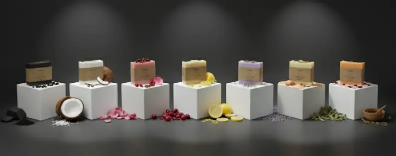 A horizontal panoramic photo shows an assortment of nine square soap bars, each on its own white pedestal against a dark gray background. From left to right, the soaps and their associated elements are: a dark gray charcoal bar with black rocks at its base; a white coconut bar with a cracked coconut and flakes; a pinkish-red cranberry bar with cranberries and petals; a pale yellow lemon bar with lemon slices; a light purple lavender bar with lavender buds; a beige bar with coffee beans and green cardamom pods; a light orange bar with dried orange slices; and a bar of tea with dried tea leaves. The lighting is focused on the soaps, with the background in shadow.