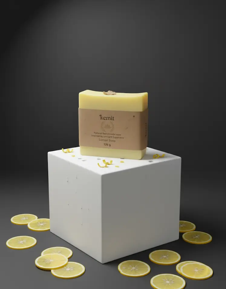 A light yellow bar of Kemit natural Lemon Soap sits on a white cube pedestal, surrounded by numerous thin slices of fresh lemon and a few lemon zest curls. Small water droplets are visible on the top surface of the cube, suggesting freshness. The background is a dark grey, with a spotlight shining from above.