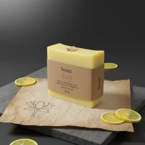 A light yellow bar of Kemit natural Lemon Soap, inspired by ancient Egyptians, is displayed on a piece of crumpled brown paper with a lotus flower illustration. The paper and soap rest on two dark grey stone slabs, with several fresh lemon slices scattered around. A small, dried lemon peel sits on top of the soap bar.