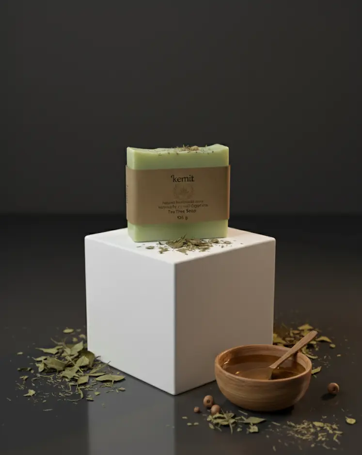 A light green bar of Kemit natural Tea Tree Soap sits atop a white cube pedestal. Dried tea tree leaves and fragments are scattered around the base of the cube and on the dark surface below. To the right, a small wooden bowl holds natural oils, with a small wooden spoon resting inside.